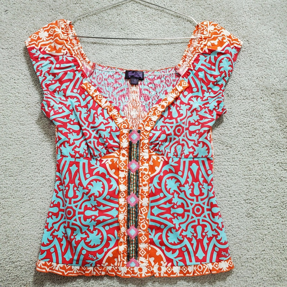 Hale Bob Bohemian‎ Smocked Cap Sleeve Babydoll Top Size S Whimsical Cottage Art